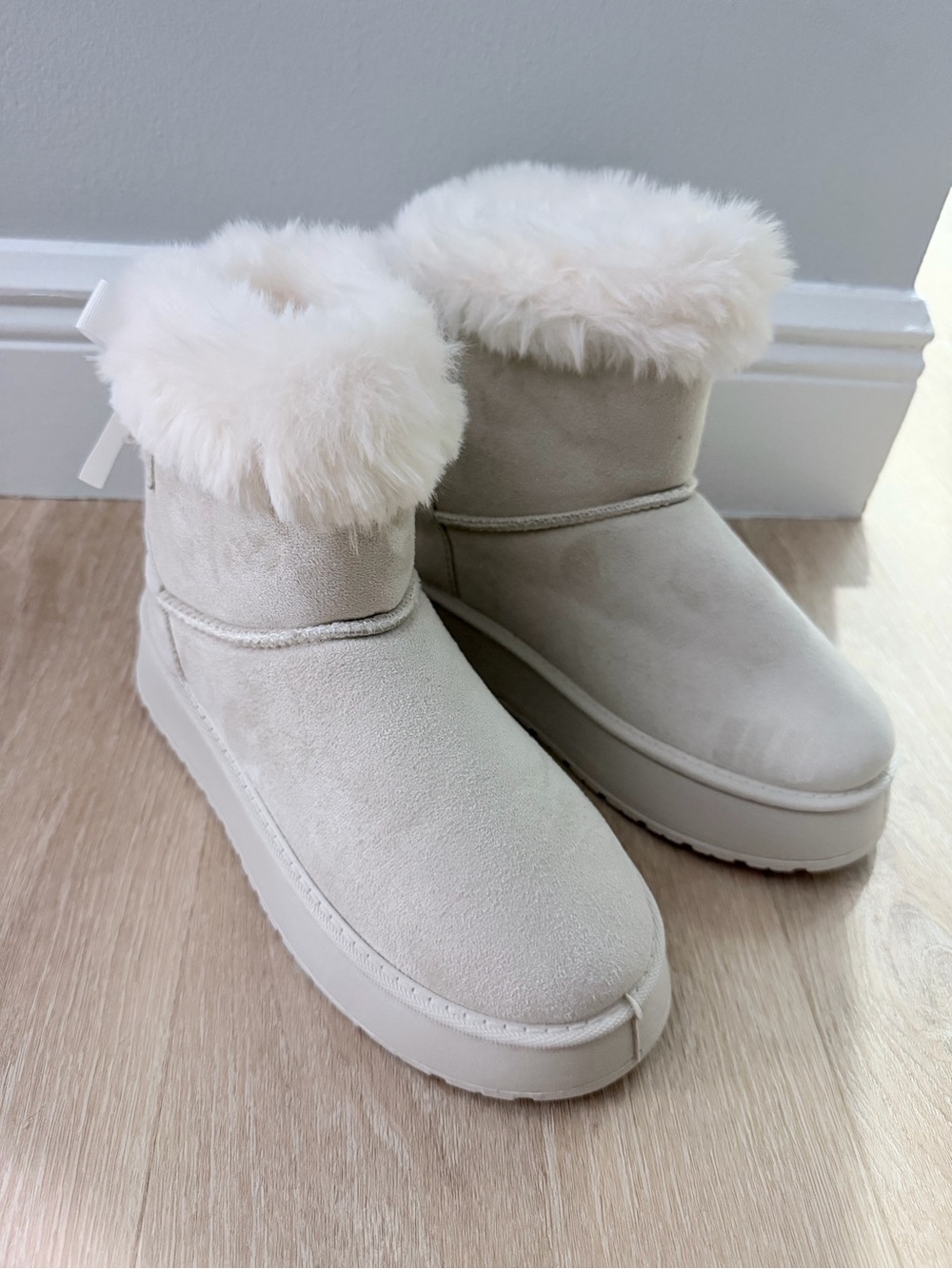 Cozy Plush Faux Fur and Suede Ankle Boots with Bows